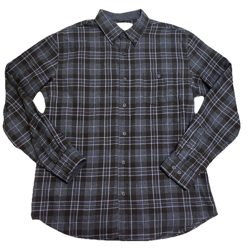 American Threads Button Down Shirt Men’s L Blue Black Plaid Outdoor Flannel